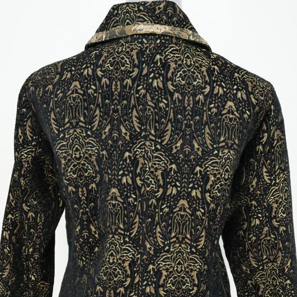 Chicos Jacket 1 Womens Medium 8 Black Gold Metallic Lined Burn out Brocade New - Picture 10 of 16